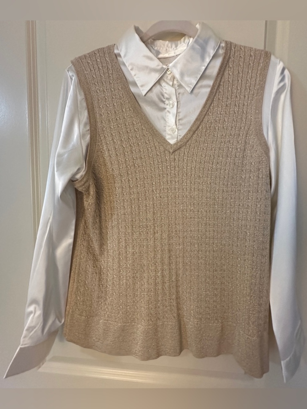 Champagne Gold Collarred Sweater Vest Layered Top Womens